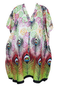  Women's Caftan Short Dress, Cotton Peacock Print Kaftan Beach Cover up Dress, S/M