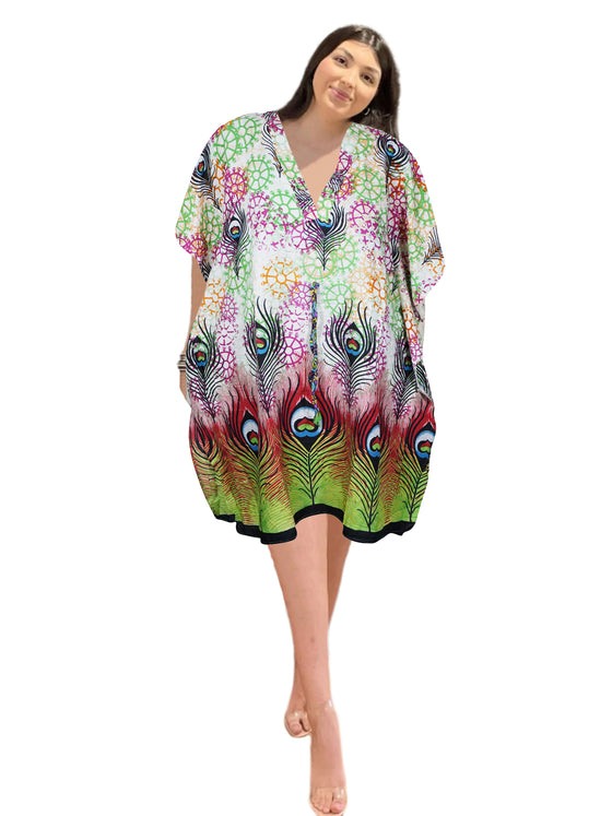 Women's Boho Cotton Kaftan Dress – Colorful Peacock Print Midi Caftan  S/M/L