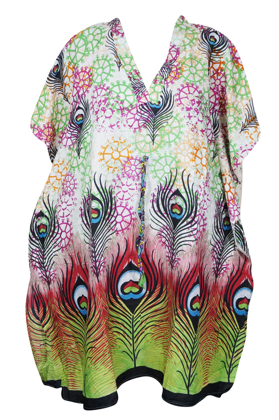 Women's Caftan Short Dress, Cotton Peacock Print Kaftan Beach Cover up Dress, S/M