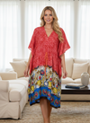 Women’s Red Printed Cotton Short Kaftan Dress | Boho Summer Beachwear Resort Dress S/M