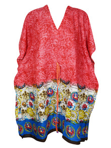  Boho Cotton Summer Kaftan Dress, Red Print Beach Short Caftan Dresses S/M