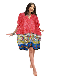  Women's Red Printed Cotton Short Kaftan Dress – Boho Summer Beachwear and Casual Resort S/M