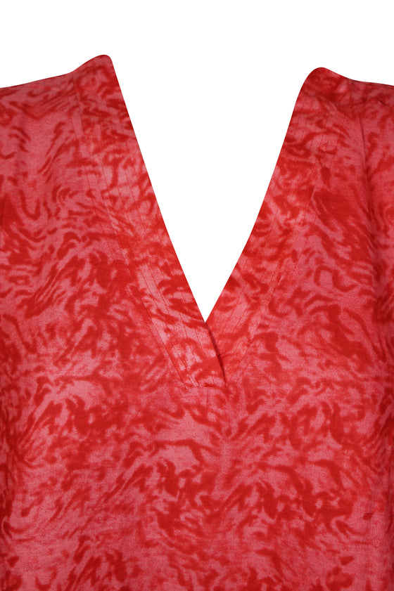 Boho Cotton Summer Kaftan Dress, Red Print Beach Short Caftan Dresses S/M