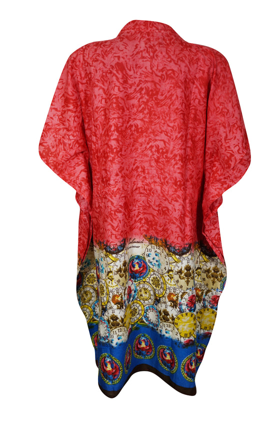 Boho Cotton Summer Kaftan Dress, Red Print Beach Short Caftan Dresses S/M