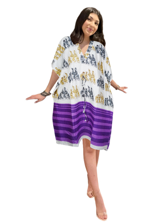 Women's Short Purple Boho Kaftan – Beach Cover-Up Dress L-2X