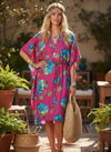 Women’s Pink Floral Cotton Kaftan – Boho Kimono Resort Lounge Dress S/M