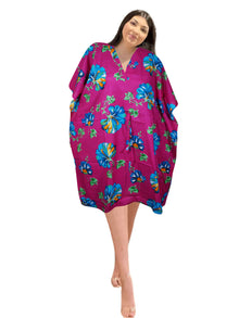  Women's Pink Cotton Caftan Dress – Floral Kimono-Style Boho Loungewear and Resort Kaftan S/M