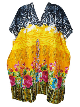 Womens Boho Short Kaftan, Yellow Beach, Cotton Caftan House Dress S/M