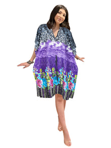  Women's Purple Floral Cotton Caftan – Short Travel Dress & Beach Cover-Up  S/M/L