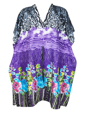 Women's Travel Caftan Short Dress, Cotton Floral Purple Print Beach Cover up Dress S/M/L