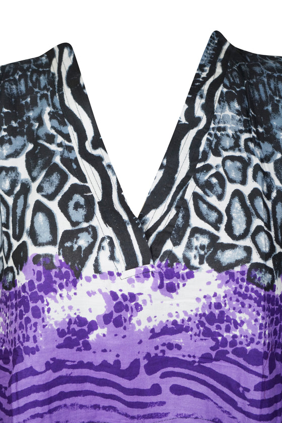 Women's Travel Caftan Short Dress, Cotton Floral Purple Print Beach Cover up Dress S/M/L