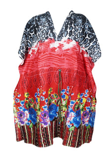  Womens Cotton Short Kaftan, Red Print Short Dress, Beach Cover up Caftan Dress S/M/L