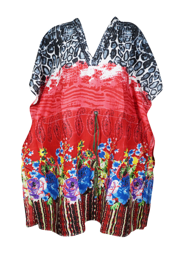 Womens Cotton Short Kaftan, Red Print Short Dress, Beach Cover up Caftan Dress S/M/L
