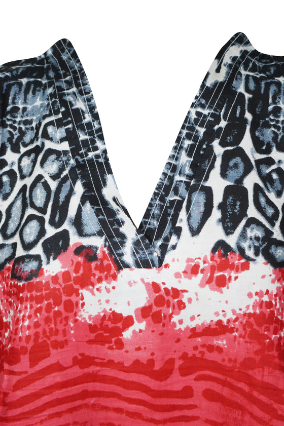 Womens Cotton Short Kaftan, Red Print Short Dress, Beach Cover up Caftan Dress S/M/L