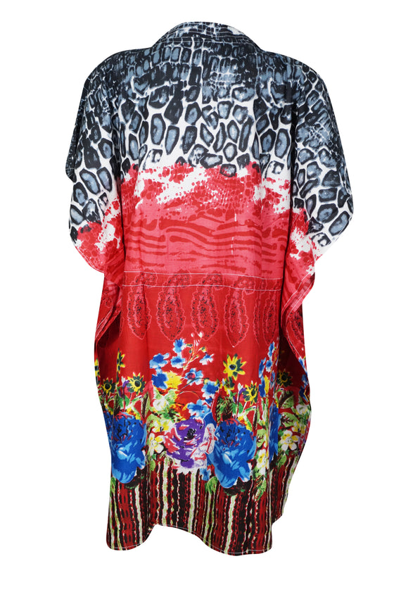 Womens Cotton Short Kaftan, Red Print Short Dress, Beach Cover up Caftan Dress S/M/L