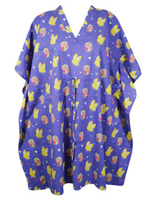  Womens Beach Coverup Kaftan, Cotton Blue Short Caftan Resort Wear Travel Fashion S/M/L