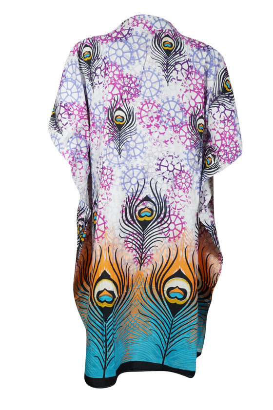 Boho Cotton Summer Kaftan Dress, Peacock Pink Printed Short Caftan Beach Dresses S/M