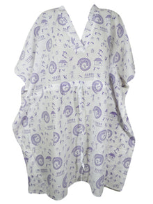  Cotton Summer Kaftan Dress, White Trible Printed Short Caftan, Beach Dresses S/M