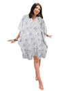 Women's White Tribal Printed Cotton Short Kaftan Dress – Boho Summer Beachwear Cover-Up S/M