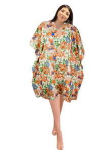  Women's Orange Floral Print Cotton Kaftan – Handmade Summer Travel Caftan Dress L-2X