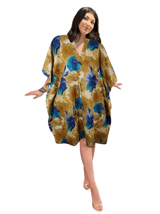 Women's Green & Blue Cotton Kaftan – Boho Beach Cover-Up Midi Dress for Resort Wear L-2X