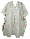 Boho Cotton Summer Kaftan Dress, Ivory Beach Print Short Caftan, Beach Cover up S/M