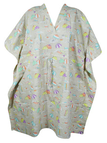  Boho Cotton Summer Kaftan Dress, Ivory Beach Print Short Caftan, Beach Cover up S/M