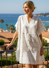 White Floral Cotton Kaftan Dress – Handmade Women’s Short Beachwear  S/M
