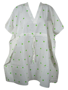  Womens Handmade Cotton Short Kaftan, White Sandy Beaches Floral Caftan S/M