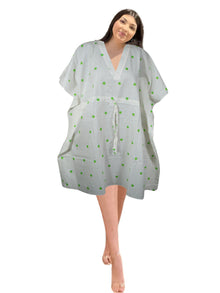  Women's White Floral Cotton Kaftan – Handmade Short Beach Cover-Up Dress S/M