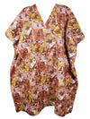 Womens Cotton Kaftan, Loose Short Beach Dress, Brown Floral Print Dresses S/M