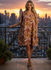 Brown Floral Cotton Kaftan Dress – Women’s Relaxed Short Beach Cover-Up  S/M