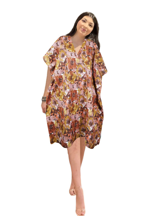 Women's Brown Floral Cotton Kaftan – Loose-Fit Short Beach Dress S/M