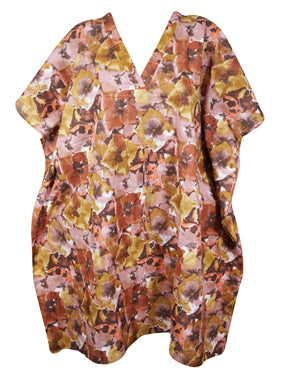 Women's Brown Floral Cotton Kaftan – Loose-Fit Short Beach Dress S/M