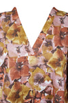 Women's Brown Floral Cotton Kaftan – Loose-Fit Short Beach Dress S/M