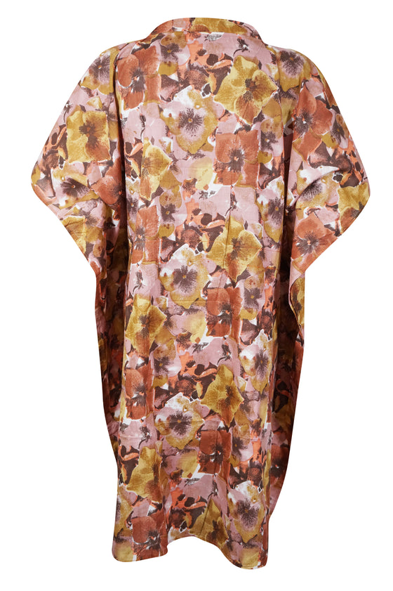 Women's Brown Floral Cotton Kaftan – Loose-Fit Short Beach Dress S/M