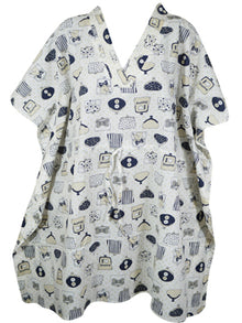  Boho Cotton Summer Kaftan Ivory Printed Short Caftan Beach Cover up Dresses S/M