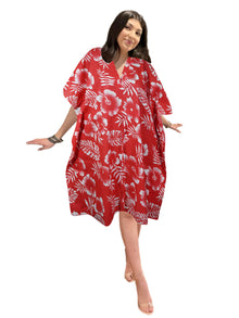  Red Floral Travel Kaftan – Lightweight Summer Dress S/M