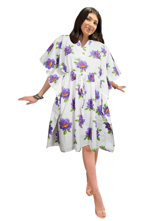 Women's White Cotton Kaftan – Purple Rose Print Summer Dress L-3XL
