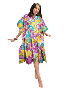  Handmade Short Cotton Kaftan – Pink & Yellow Printed Caftan Dress L-3XL