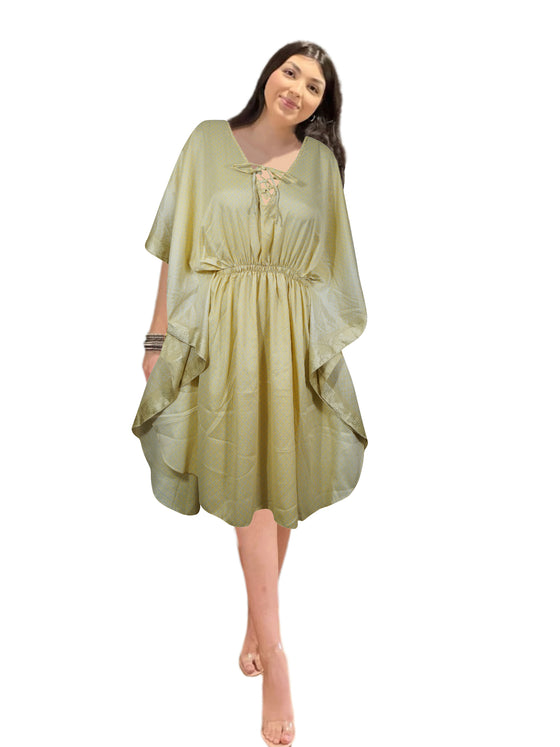 Women's Short Beach Caftan – Golden Printed Kaftan Dress M-XL