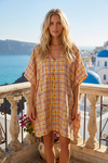 Women’s White Pink Midi Kaftan Dress – Boho Festival Resort Style M-XL