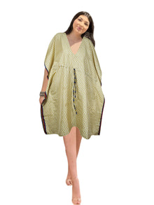  Women's Beige Zigzag Print Kaftan – Recycled Silk Tunic Dress M-XL