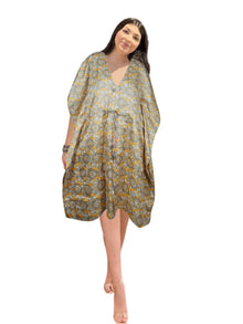 Handmade Women's Sari Kaftan – Gray & Yellow Printed Midi Caftan Dress  M-XL