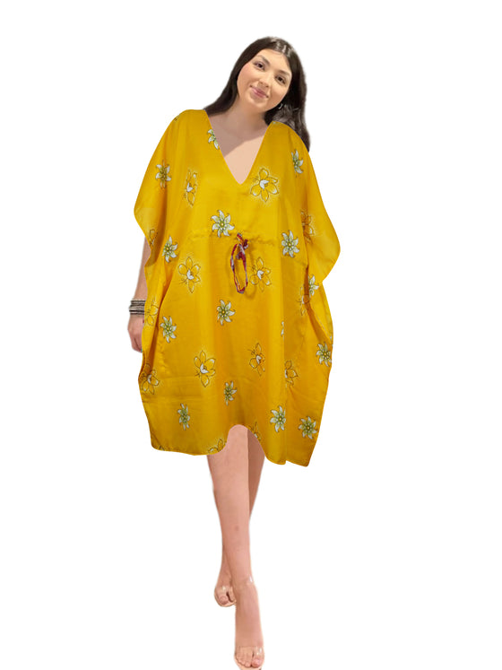 Women’s Short Yellow Kaftan Dress – Printed Beach Cover-Up with Kimono Sleeves M-XL