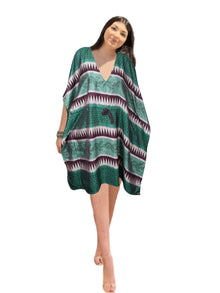  Women’s Green Printed Summer Kaftan – Recycled Silk Tunic Dress M-XL