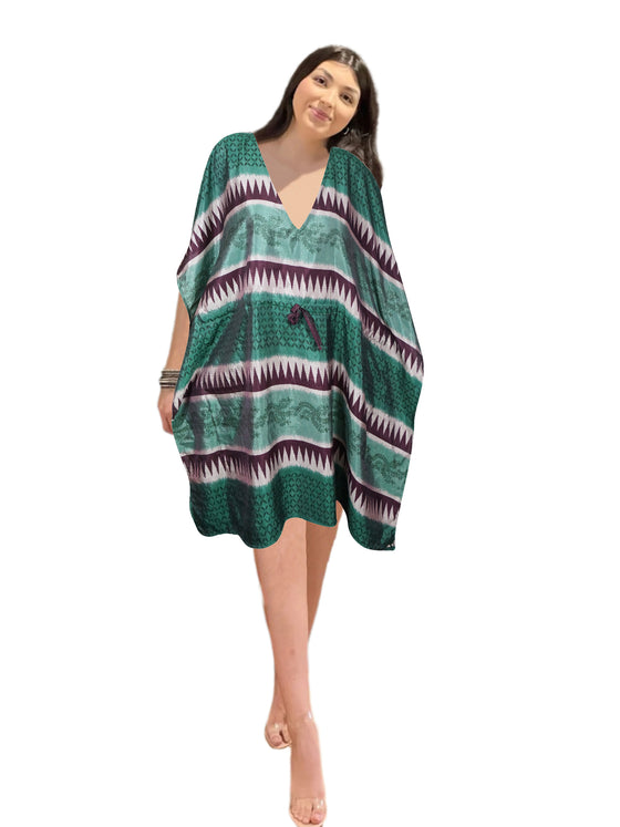 Women’s Green Printed Summer Kaftan – Recycled Silk Tunic Dress M-XL