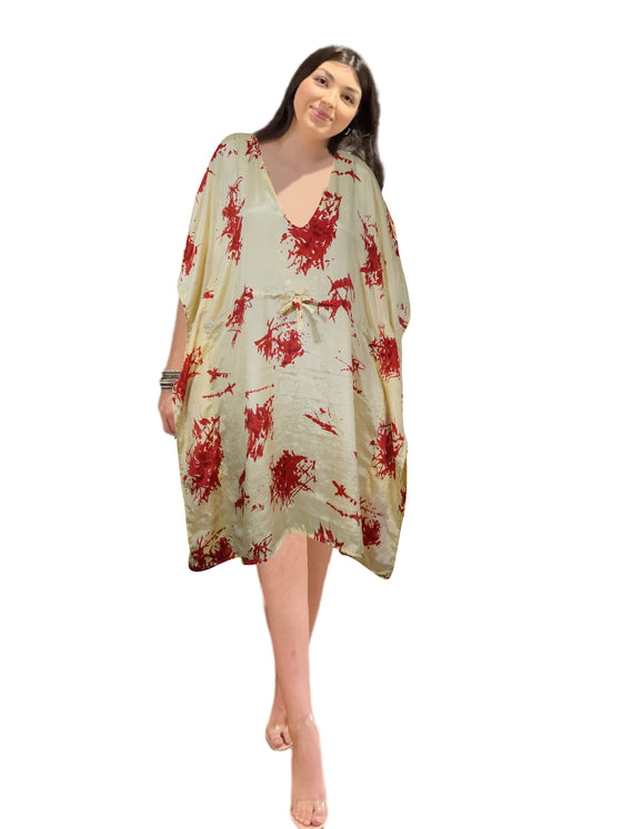 Beige Floral Printed Sari Kaftan for Women – Short Holiday Caftan M-XL