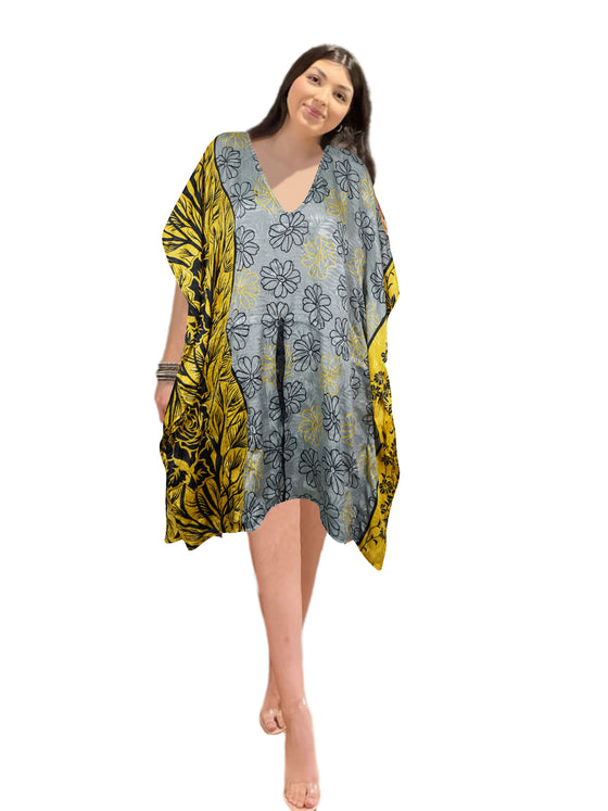 Women’s Gray Floral Print Short Kaftan Dress – Boho Kimono Beach Cover-Up M-XL