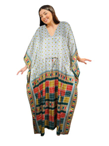 White Multicolor Silk Maxi Caftan – Boho Chic Beach Cover-Up Dress One size